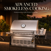 Grill encastrable innovant sans fumée à 2 brûleurs avec fenêtre panoramique en verre, brûleur arrière infrarouge, en acier inoxydable, électronique, au butane/GPL