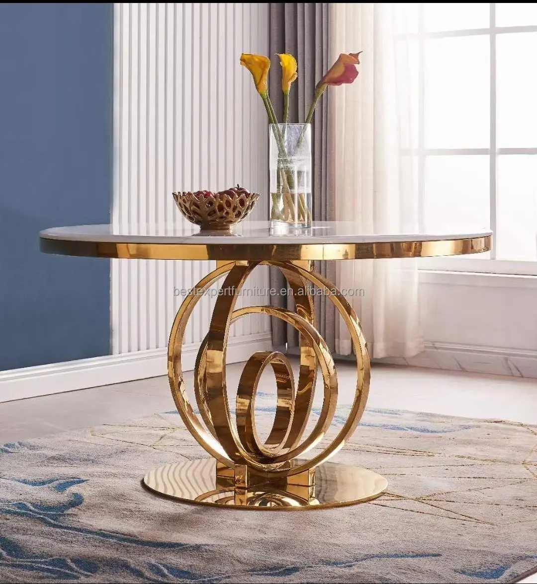 Table de salle à manger ronde en acier inoxydable, design italien, granit, marbre, rectangle, or