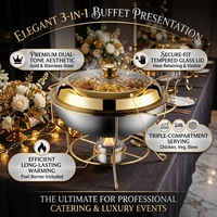 Grand réchaud de buffet professionnel en acier inoxydable plaqué or, avec couvercle en verre, sans revêtement, chauffé à l'alcool, pour la restauration
