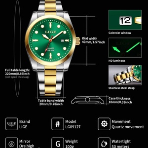 Montre de marque haut de gamme LIGE pour hommes, étanche 50M, lumineuse, en acier inoxydable vert, montre de sport pour hommes, date, quartz - Product Image 2