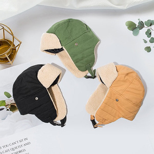 Fleece-Lined Canvas Hat With Ear Flaps Adjustable Warm Windproof Unisex Autumn Winter Cap Solid Color Foldable - Product Image 1