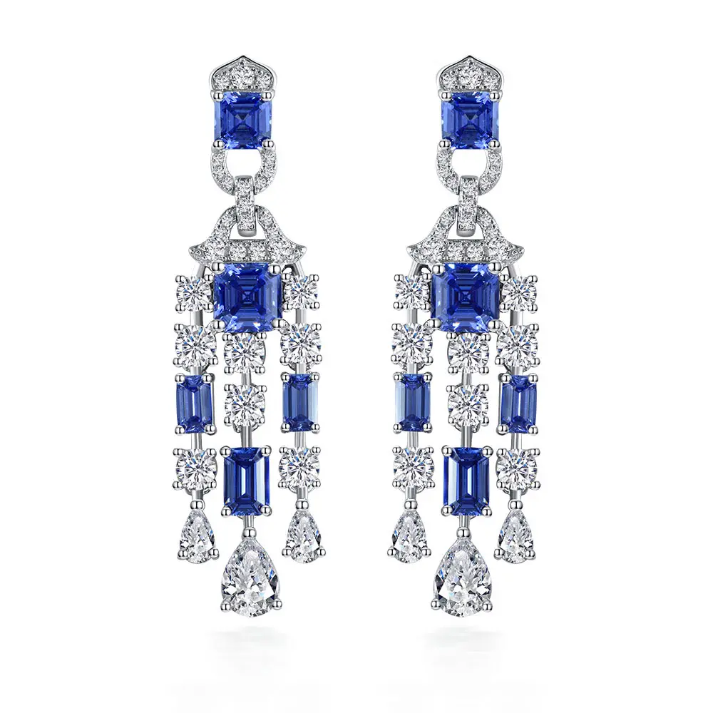 De Lujo 925 joyería de plata azul CZ diamante pendientes circonita azul Boda nupcial de la alta calidad, pendiente