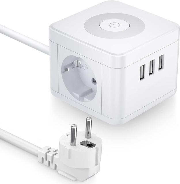 Portable EU Power Cube Socket 2 Way Outlet 3USB Charging Port with Night Light for Indoor and Travel Extension Lead