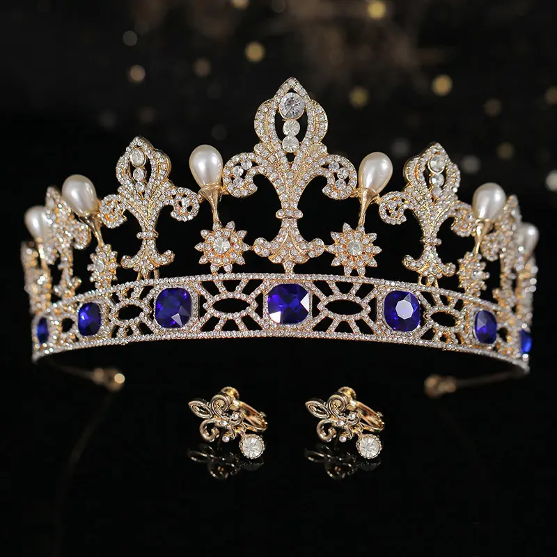 Daiming 2022 Designer Barokke Vergulde Blue Bridal Kroon Vol Diamanten Koningin Beauty Pageant