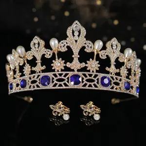 戴明2022设计师巴洛克镀金蓝色新娘皇冠满钻石女王选美大赛