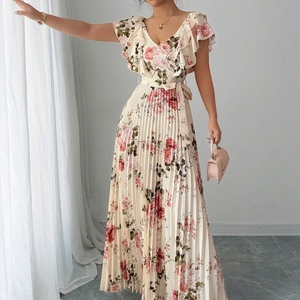 เดรสแฟชั่นทรงเอ พิมพ์ลายดอกไม้ดิจิทัล คอวี แต่งระบายช่วงเอว จับจีบสวยหรู สไตล์รีสอร์ท สำหรับผู้หญิง ขายดี - Product Image 4