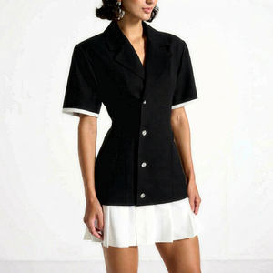 Tailored Cinch Waist Contrast Cuff Short Sleeve Blazer Dress Women Elegant Black White Color Block Pleated Mini <b>Skirt</b> Suit Dress - Product Image 1