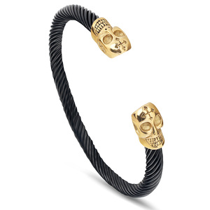Bracelet manchette en fil d'acier inoxydable 6 mm, design crâne ouvert, style punk rétro, bijoux unisexe - Product Image 2