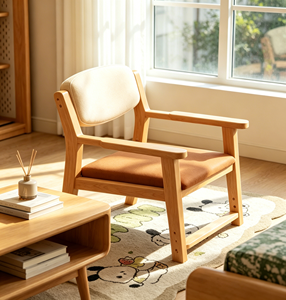 Chaise de salon moderne minimaliste en bois avec coussin orange et dossier beige, chaise de loisirs ergonomique - Product Image 4