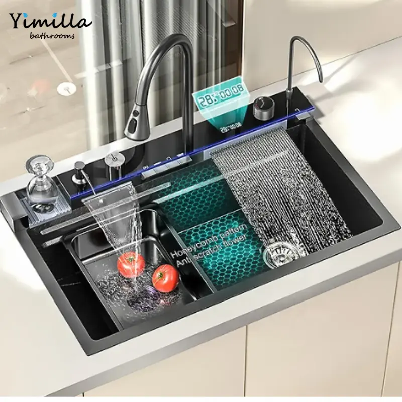 Luxury Modern Stainless Steel Smart Nano Handmade Kitchen Sink With Multifunction Waterfall Faucet
