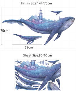 Autocollants muraux de <span class=keywords><strong>baleine</strong></span> bleue de dessin animé, papier peint de poissons des grands fonds, autocollant de <span class=keywords><strong>phare</strong></span>, décoration de la maison pour le salon, la chambre à coucher, autocollant mural - Product Image 6