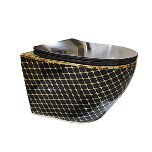 Inodoro Moderno de Cerámica Personalizado de Una Pieza con Doble Descarga, de Lujo, Suspendido en la Pared, Acabado Negro y Dorado, con Tanque Oculto y Sifón en P para Baño - Product Image 4