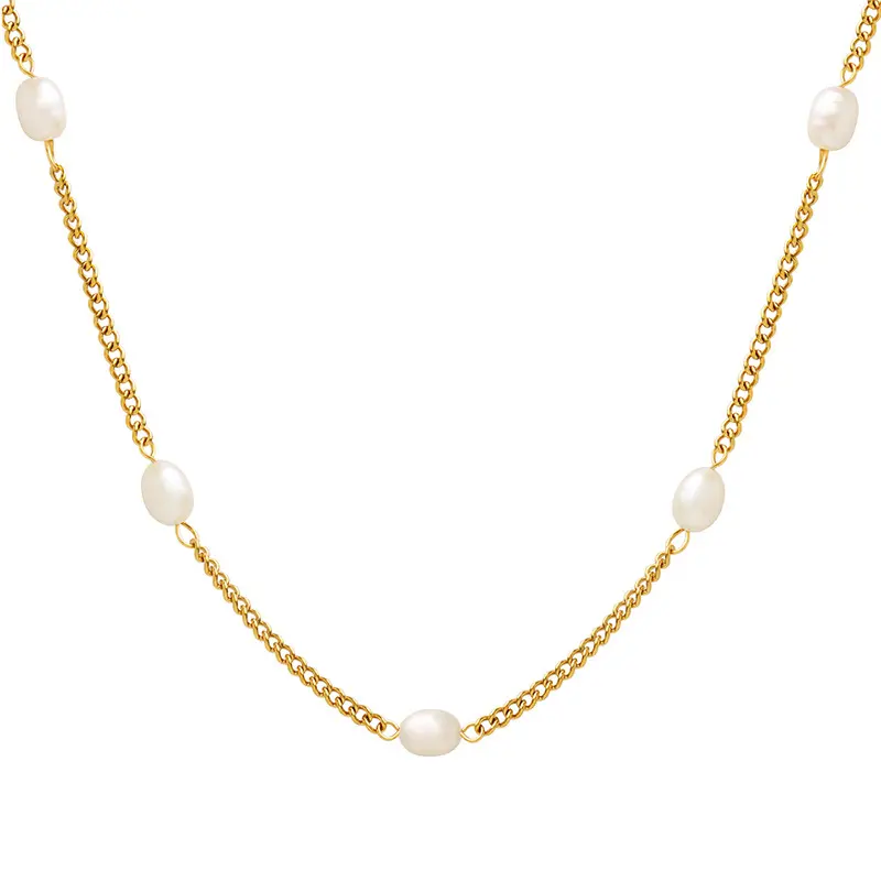 Venta al por mayor de moda de encargo de las mujeres gargantilla de perlas de oro de 18K de acero inoxidable de agua dulce collares de cadena de perlas