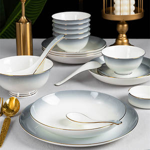 Service de table en céramique dorée Europe, vaisselle de luxe en porcelaine fine, bols à soupe et assiettes grises - Product Image 6