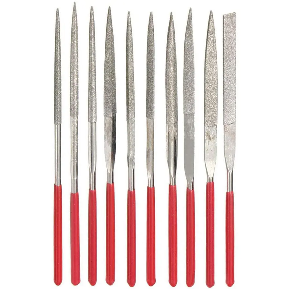 Jewelry Diamond Files for Silver Steel Glass Metal Stone Polishing Shaping 10PCS 140mm Red Handle Needle Files Set