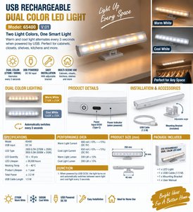 Luz LED de Doble Color Recargable por USB, 2700K 5000K, Montaje en Pared, DC 5V, Cuerpo de Plástico, 250mm, para Armario, Clóset, Estante - Product Image 1