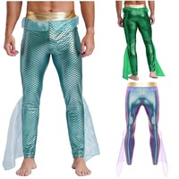 Leggings de costume de sirène pour homme, imprimé écailles de poisson, ceinture dorée brillante, maille transparente, nageoires, tenue de cosplay pour fête d'Halloween, taille personnalisée