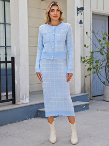 Phụ Nữ Của Châu Âu Mỹ Mùa Thu Mùa Đông 2-Mảnh Thiết Lập Tương Phản Màu Sắc Sọc Tweed Áo Len Của Phụ Nữ Cardigan + Váy Bút Chì Bán Buôn - Product Image 2