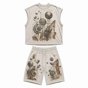 Custom Vintage T-shirt Shorts <b>Set</b> Contrast Stitching Print Embroidery Custom Logo Private Label Streetwear Men <b>Set</b> - Product Image 2
