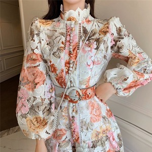 Abito <span class=keywords><strong>Elegante</strong></span> da <span class=keywords><strong>Donna</strong></span> Personalizzato a Vita Naturale, Eco-Friendly, con Maniche Lunghe a Sbuffo e Pizzo Floreale per Primavera Autunno - Product Image 1