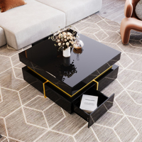 Table basse convertible moderne, table de salon haute brillance avec tiroirs et accents dorés