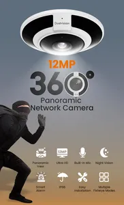 Hikir — caméra de surveillance dôme extérieure IP poe hd 12mp (vision panoramique 360 degrés), dispositif de sécurité avec lentille type œil de poisson et protocole p2p