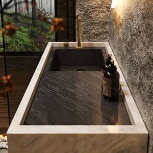 Meuble de salle de bain intelligent sur mesure avec miroir, vasque simple ou double intégrée en dalle de roche sans joint, style luxe léger - Product Image 5