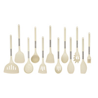 Ensemble de 12 spatules en silicone avec manche en acier inoxydable beige antiadhésif, grattoir de cuisine, cuillère à fentes, louche à soupe, spatules