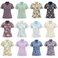 Kemeja Golf Retro Wanita Warna Krem dengan Cetakan Pemandangan Golf Tropis Lengan Pendek Slim Fit Cepat Kering untuk Golf dan Liburan di Resort