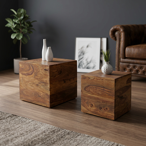Juego de 2 mesas auxiliares Vandana Classic Essence, modelo Cube MAKASSAR, 40 cm, marrón, madera maciza de Sheesham con acabado en piedra. - Product Image 3