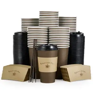 可重复使用的加厚纸咖啡杯，带塑料盖和套筒，用于家庭办公室婚礼的冷热咖啡