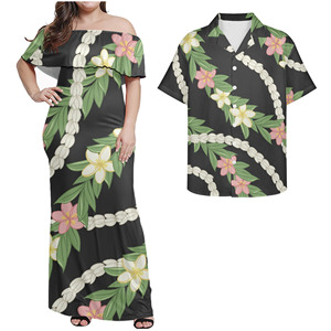 Abiti coordinati per coppia con motivi floreali rosa, Puletasi casual, camicie polinesiane da uomo, Puletasi, abito tradizionale samoano, hawaiano - Product Image 2