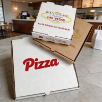 Caja de Pizza SP3867 Premium Desechable de Cartón Corrugado Kraft, Varios Tamaños, Impresión a Color, para Empaque de Alimentos en Tiendas de Comida Rápida