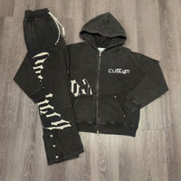 Produsen kustom 2 potong Streetwear Vintage Jogging Zip up Tracksuit tombol Patch bordir celana olahraga dan Set Hoodie