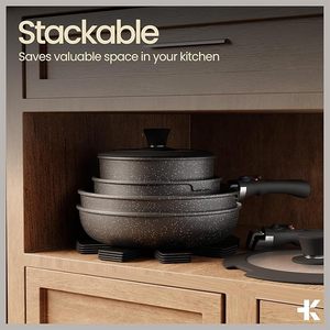 Juegos de utensilios de cocina de granito negro Antiadherente al mejor precio, venta al por mayor de fábrica, ollas y <span class=keywords><strong>sartenes</strong></span> de inducción de 15 piezas con asas - Product Image 2