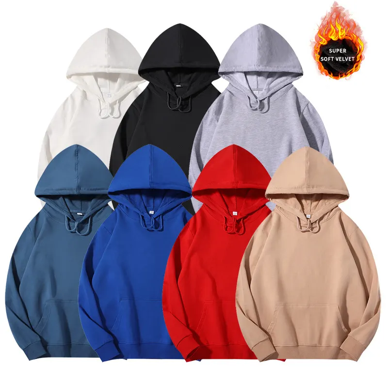Cheap Plus size solid color mens casual fleece thick cotton hoodies