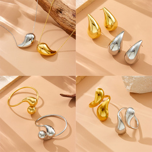 Stainless Steel Teardrop Jewelry <b>Set</b> Gold Color Irregular Shape Unisex Fashion <b>Bracelet</b> Necklace Earrings - Product Image 3