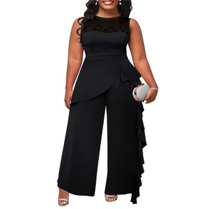 <span class=keywords><strong>Combinaison</strong></span> droite ample pour femme <span class=keywords><strong>grande</strong></span> <span class=keywords><strong>taille</strong></span>, couleur unie, style élégant pour le quotidien, avec empiècements en dentelle et motif algues marines - Product Image 5