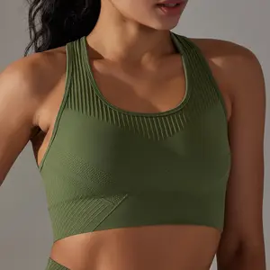 Bra olahraga kustom kualitas tinggi, pakaian dalam Fitness Wanita Crop Top T Solid tanpa jejak tali bahu lebar bernafas