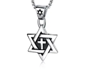 Hexagram shape wholesale titanium cross necklace 18k gold mens necklace with cross