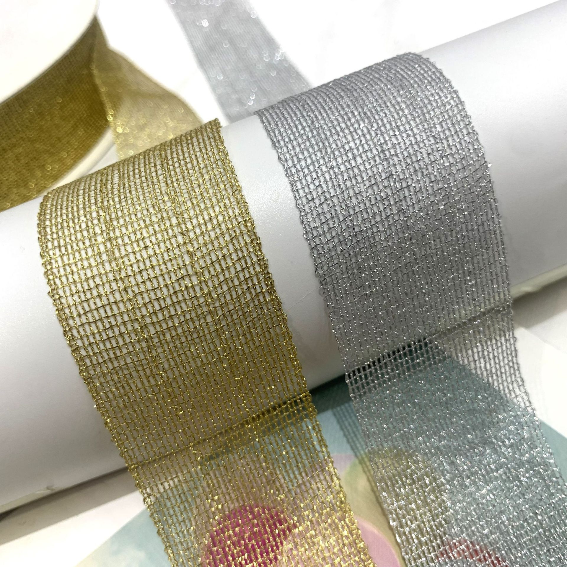 1.5cm Double Gold Silver Color Polyester Onion Double Faced Satin Ribbon Packaging Gift for Flowers Baking Wedding Festival