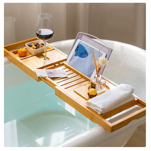 Estante telescópico de bambú a medida para bañera con bandeja, estante de almacenamiento de bambú para bañera, venta al por mayor. - Product Image 3