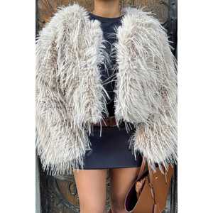 Chaqueta Corta de Piel de Zorro Beige con Estampado Vintage, Tejido de Lana y Seda, Decoración con Botones - Product Image 5