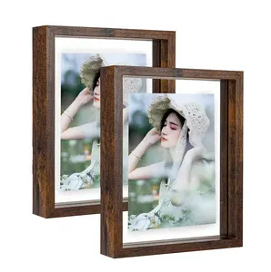棕色双玻璃质朴相框，用于墙壁悬挂或桌面站立显示器照片高达6x8浮动相框