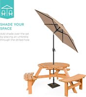 Meilleur choix : Table de pique-nique circulaire en bois pour 6 personnes, design décontracté, pour patio, jardin, extérieur, avec 3 bancs intégrés, capacité 500 lb