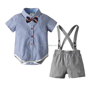 Baby Boys Dress Clothes, Toddlers Short Sleeves Button Shirt with Bowtie &Suspender Shorts Set Summer Gentlemen Outfit