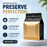 Sachets Doypack Noir Mat de Qualité Supérieure pour Café et Thé, Qualité Alimentaire, Gaufrés, Hermétiques pour Café Torréfié Frais et Longue Durée de Conservation - Vente en Gros Usine