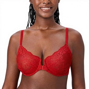 Soutien-gorge push-up en dentelle rouge pour femme, bonnet 3/4, à armatures, motif floral, bretelles non convertibles - Product Image 3