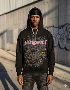 <span class=keywords><strong>Felpa</strong></span> con Cappuccio Hip Hop Personalizzata Mingmen, Stampa Ragnatela con Strass Y2K, Streetwear <span class=keywords><strong>Oversize</strong></span> Nero - Product Image 1