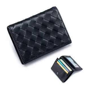 Leather Card Holder for Men and Women Leather Business Credit Card Holder Wallets Goat Leather Woven Card Wallet
